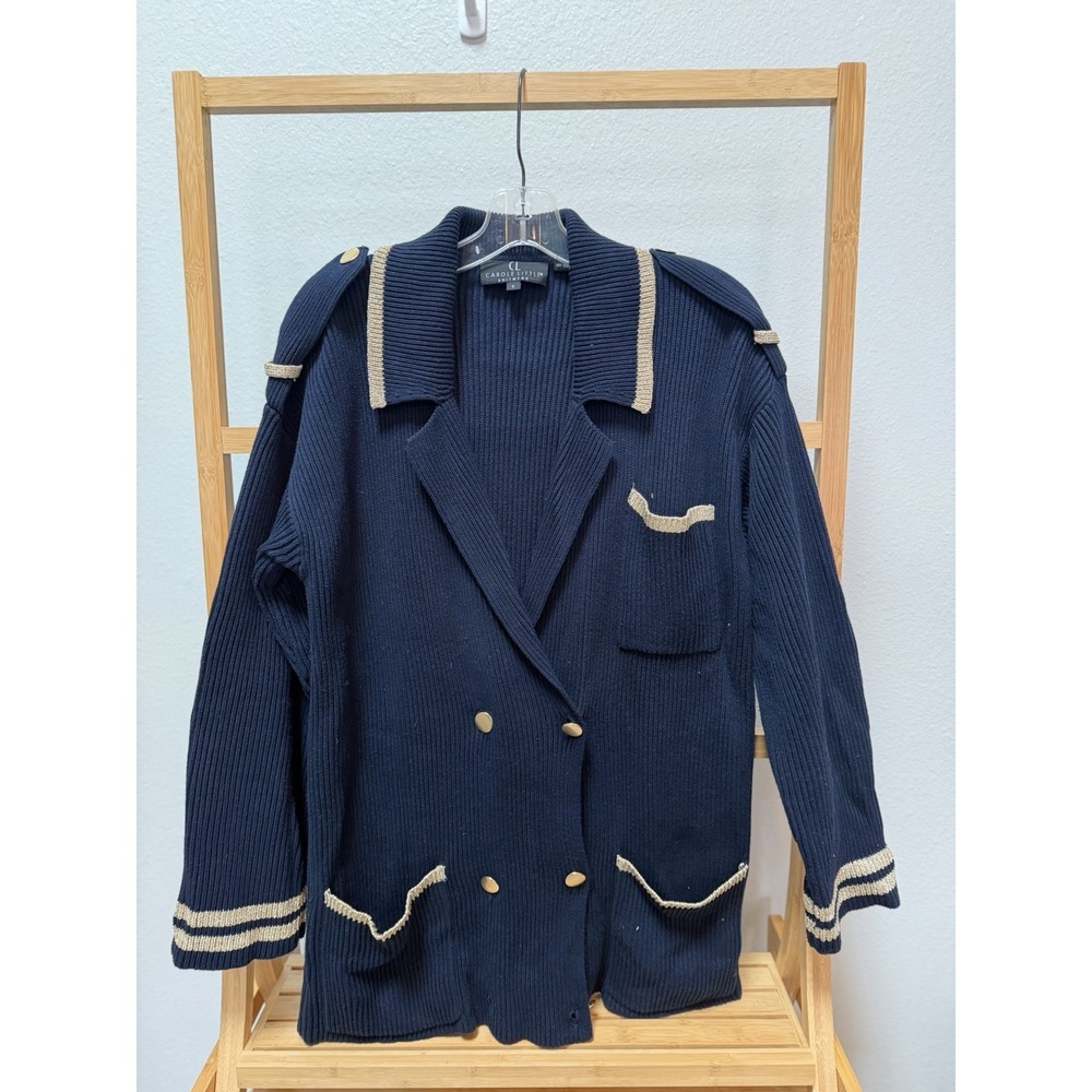 Carole Little Women's Navy Ribbed Knit Double Breasted Cardigan Sweater S Y2K‎
